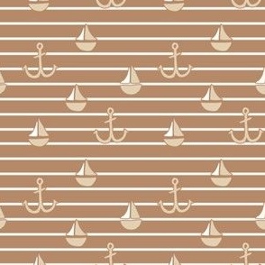 Tiny sand, cream and brown stripe with anchors and sail boats, summer coastal for kids wallpaper and bedding in neutral tones