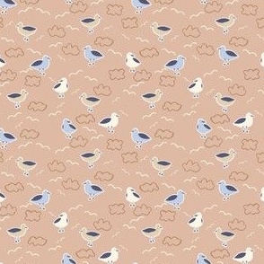 Tiny coastal seagulls in neutral brown and blue, gender neutral beach for kids