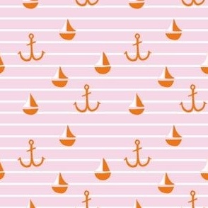 Tiny pink and orange stripe with anchors and sail boats, summer coastal for kids wallpaper in tangerine and light pink