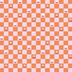 Tiny Coastal sail boat checker in pink and orange for girls summer swimwear and apparel