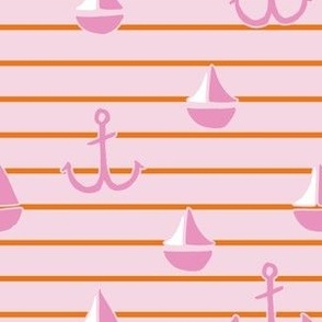 Small pink and orange stripe with anchors and sail boats, summer coastal for kids wallpaper in tangerine and light pink