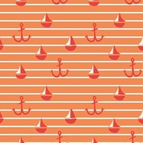 Tiny orange and coral stripe with anchors and sail boats, summer coastal for kids wallpaper in tangerine and dark pink red