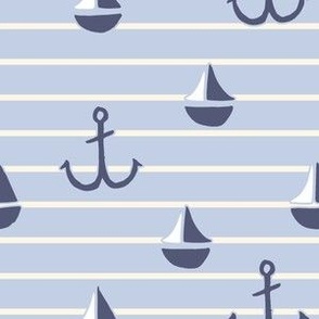 Small blue and white stripe with anchors and sail boats, summer coastal for kids wallpaper and bedding in pastel blue, navy and white