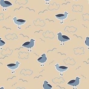 Small coastal seagulls in navy blue and sand brown, gender neutral beach for kids