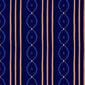 Classic Vintage hand-drawn stripes with curving dots in antique gold and cornflower blue on midnight blue