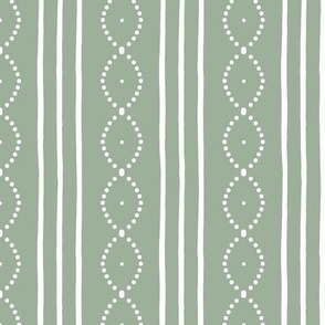 Classic Vintage hand-drawn stripes with curving dots in white on sage green