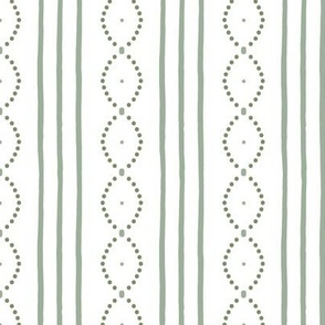 Classic Vintage hand-drawn stripes with curving dots in sage green on white