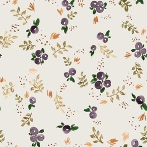 Medium - Countryside Painted Whismy Harvest Leaves, Foliage, Freckles, Blueberries - Grey Off Beige