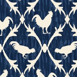 French Country Rooster Lattice on Indigo Denim