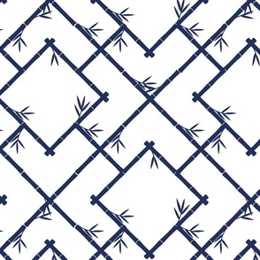 Bamboo Chinoiserie Lattice in White + Navy Blue