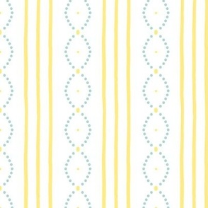 Classic Vintage hand-drawn stripes with curving dots in light yellow and jade green on white