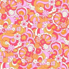 Groovy 70s Summer flowers and rainbows Bright pink red orange by Jac Slade