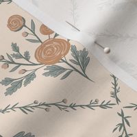 Farmhouse Rose-Brown, non directional Flowers, Cottagecore Floral Motif, Sage and Brown, Flowers, Wildflowers, Feminine Wallpaper, Feminine Home Decor