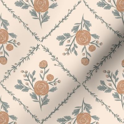 Farmhouse Rose-Brown, non directional Flowers, Cottagecore Floral Motif, Sage and Brown, Flowers, Wildflowers, Feminine Wallpaper, Feminine Home Decor