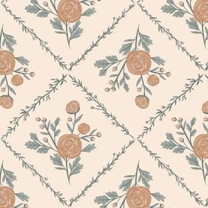 Farmhouse Rose-Brown, non directional Flowers, Cottagecore Floral Motif, Sage and Brown, Flowers, Wildflowers, Feminine Wallpaper, Feminine Home Decor