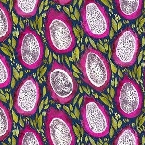 Watercolor Dragon Fruit - Ditsy Scale - Pitaya Tropical Fruit Navy Blue Background