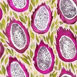 Watercolor Dragon Fruit - Small Scale - Pitaya Tropical Fruit Soft Pink Background