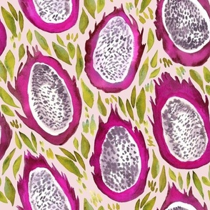 Watercolor Dragon Fruit -Medium Scale - Pitaya Tropical Fruit Soft Pink Background