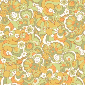 Groovy 70s Summer flowers and rainbows sage green and mustard by Jac Slade