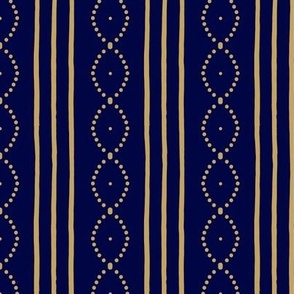 Classic Vintage hand-drawn stripes with curving dots in antique gold on dark midnight blue