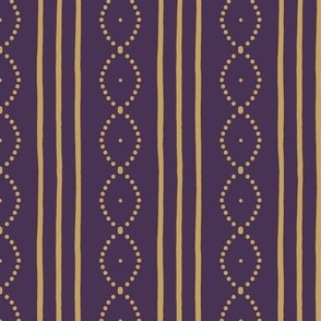 Classic Vintage hand-drawn stripes with curving dots in antique gold on plum purple red