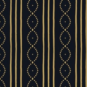Classic Vintage hand-drawn stripes with curving dots in antique gold on charcoal black