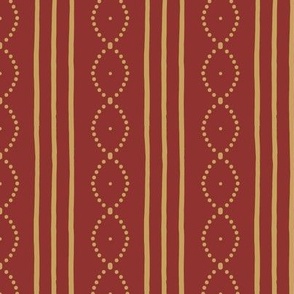 Classic Vintage hand-drawn stripes with curving dots in gold on rustic red
