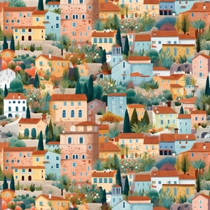 Terraced Provence France Sun-Drenched Village with Flowers and Red Tiled Roofs