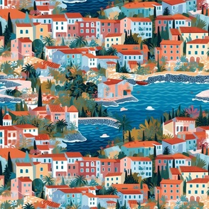 Lovely Tile Roof French Riviera Cote d'Azur Village on the Water with Jetties and Boats