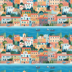 Darling French Riviera Cote d'Azur Tile Roof Village with Vine Covered Walls on the Water with Boats
