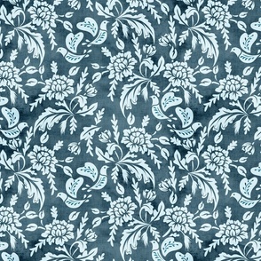 Boho Love- Block Print Floral with 2 Turtle Doves and Hearts- Blue Gray Monochrome- Regular Scale