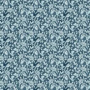 Boho Love- Block Print Floral with 2 Turtle Doves and Hearts- Blue Gray Monochrome- Small Scale