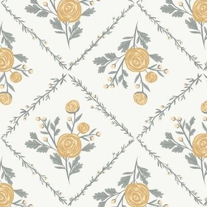 Farmhouse Rose-Yellow, non directional, Yellow Flowers, Cottagecore Floral Motif, Sage and Yellow, Flowers, Wildflowers, Feminine Wallpaper, Feminine Home Decor