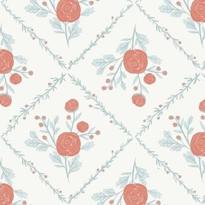 Farmhouse Rose-Coral, pink flowers, non directional, Floral Motif, Blue and Coral, Flowers, Wildflowers, Feminine Wallpaper, Feminine Home Decor