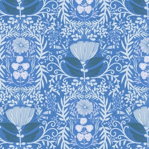 Floral and Foliage Victorian Tapestry-Blue and white on blue