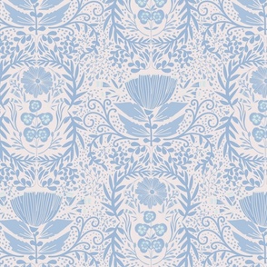 Floral and Foliage Victorian Tapestry-Baby Blue on white