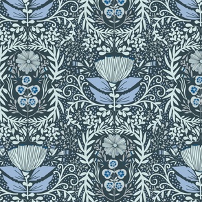 Floral and Foliage Victorian Tapestry-light blue on dark blue