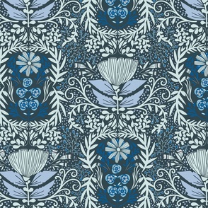 Floral and Foliage Victorian Tapestry-powder Blue on dark blue