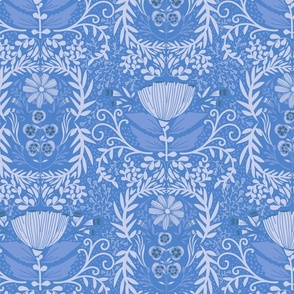 Floral and Foliage Victorian Tapestry-Light Blue on blue