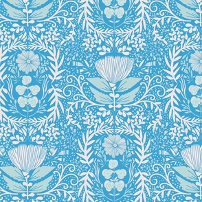 Floral and Foliage Victorian Tapestry-Powder blue on sky blue