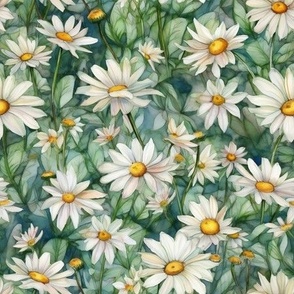 LOVELY DAISIES 3 WATERCOLOR GREEN MEADOW FLWRHT