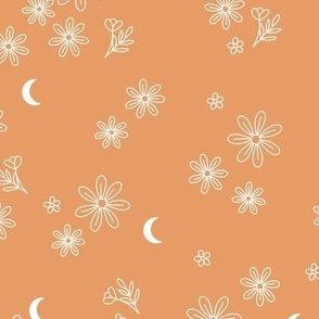 Moon harvest summer blossom - vintage style boho flowers and moon minimalist illustration nursery pattern white on burnt orange