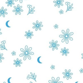 Moon harvest summer blossom - vintage style boho flowers and moon minimalist illustration nursery pattern blue on white