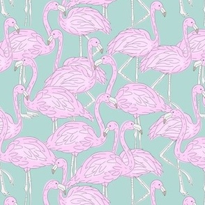 Freehand flamingo beach - summer tropical flamingos and island vibes bright pink on light teal blue