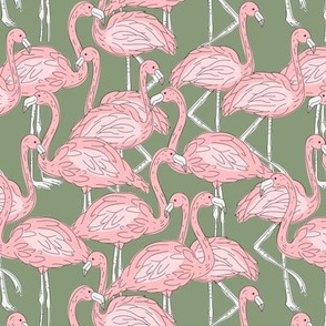 Freehand flamingo beach - summer tropical flamingos and island vibes pink blush on olive green