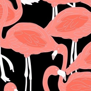 Freehand flamingo beach - summer tropical flamingos and island vibes coral blush orange on black LARGE Wallpaper
