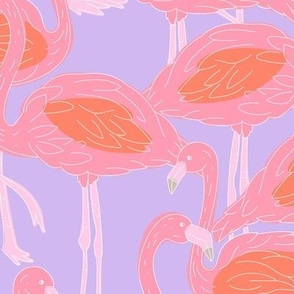 Freehand flamingo beach - summer tropical flamingos and island vibes pink orange on lilac