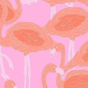 Freehand flamingo beach - summer tropical flamingos and island vibes peach orange pink LARGE wallpaper