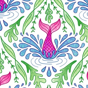 Mermaid Splash – XL – Multi White Watercolour Damask Diving Tails