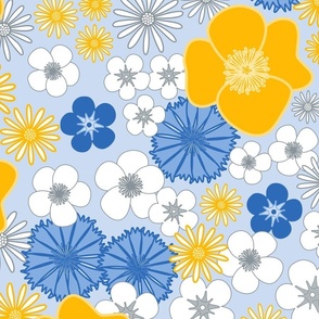 L - Retro Wildflowers Blue & Yellow – Cornflower & Mustard Vintage Floral Meadow 